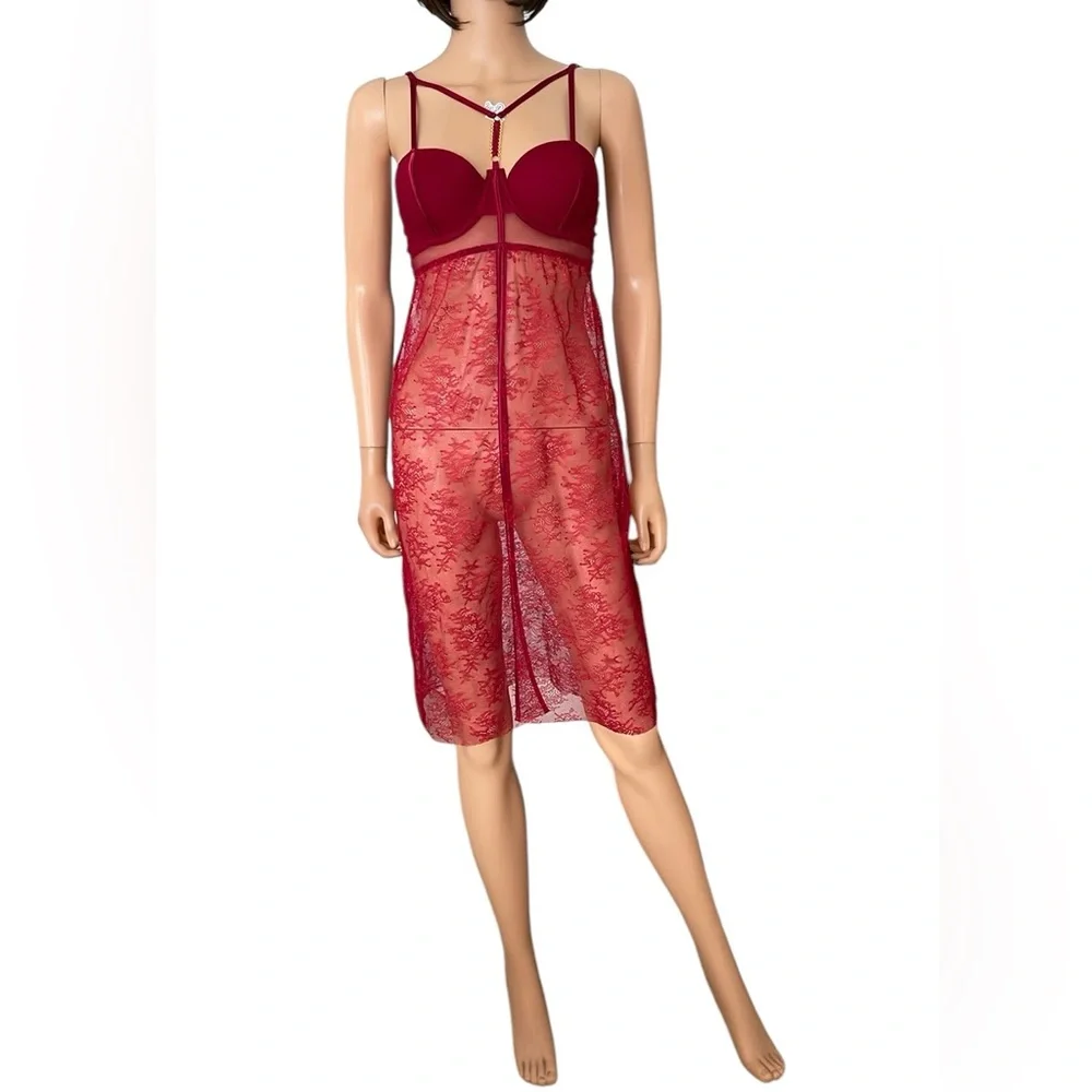 Vintage Victoria’s Secret Lace Bustier Open Chemise in Scarlet Red